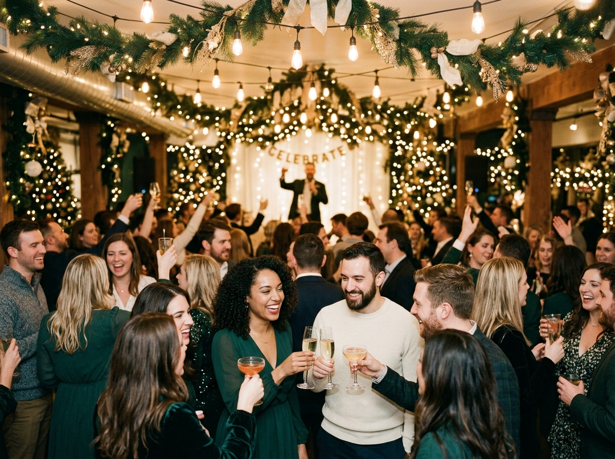 Guests enjoying the high point of a holiday party with warm lights — home or company event