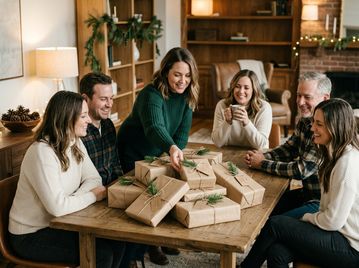A friendly holiday gift exchange with wrapped presents, in a setting that suits home or office
