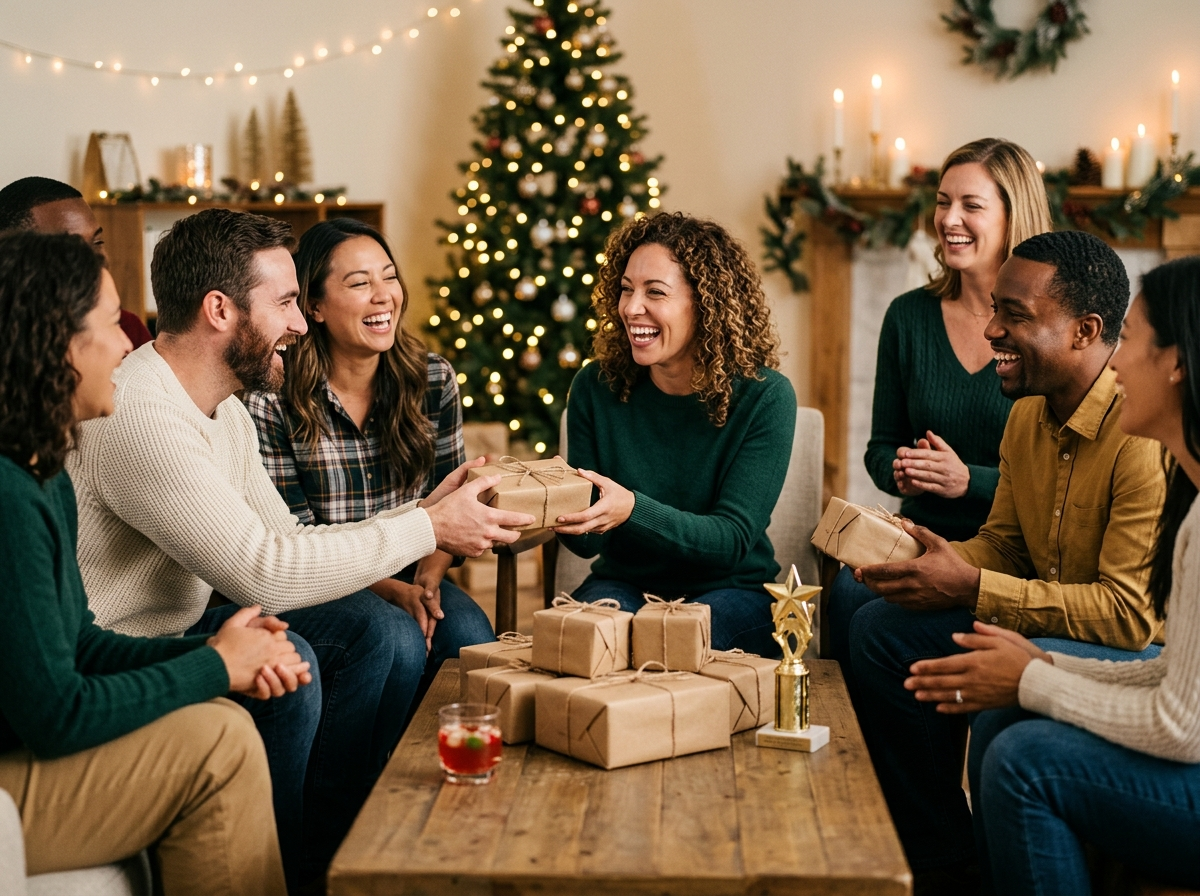 White elephant gift exchange at a budget holiday party at home or the office