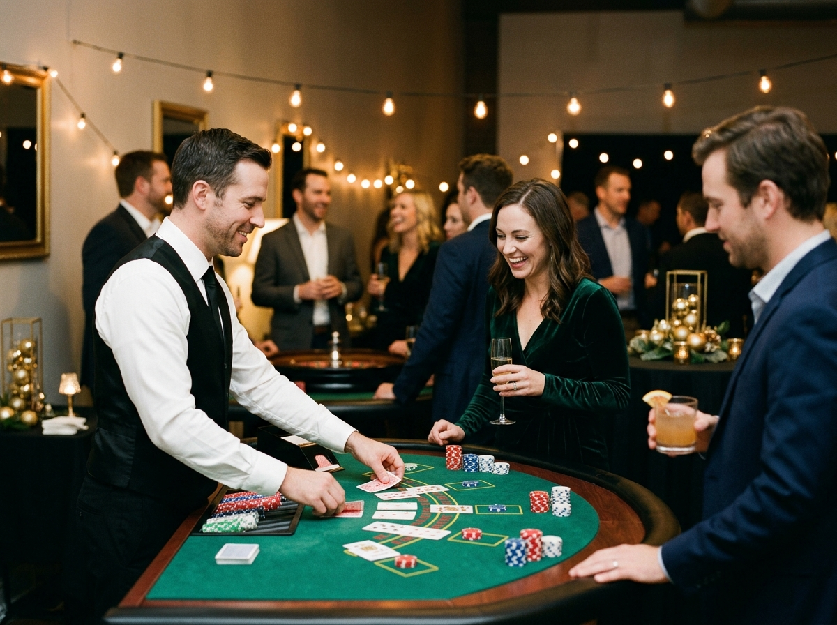 A grown-up casino night holiday party theme with card tables, green felt, chips and cocktail attire