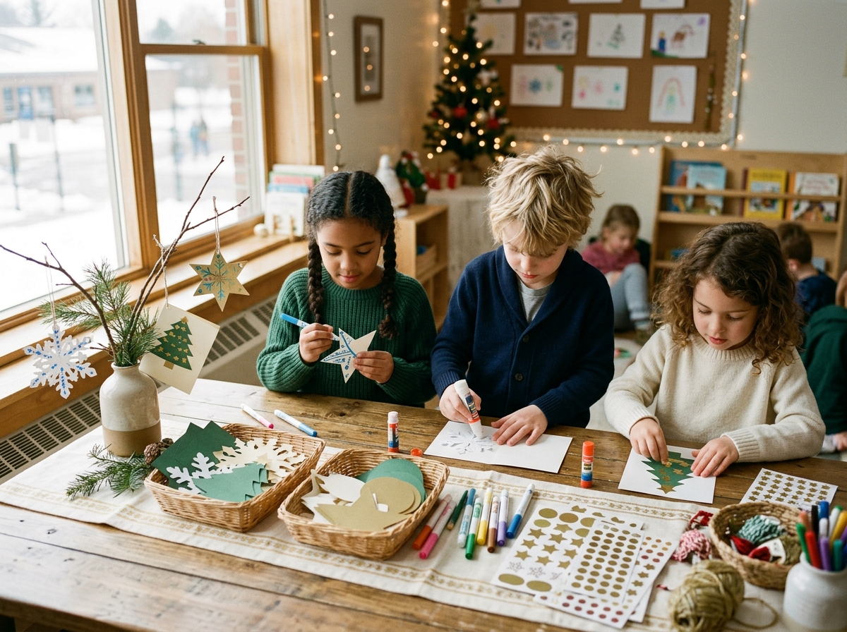 Children decorating ornaments and winter cards at a classroom craft station