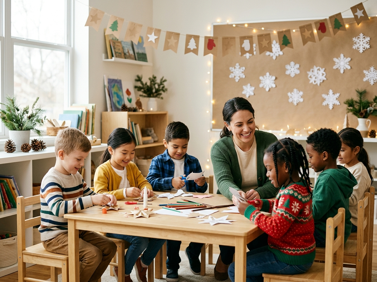 Inclusive classroom winter holiday party with children doing activities and a teacher helping