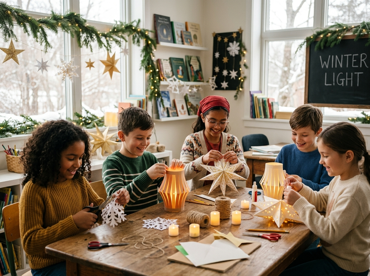 Inclusive winter celebration classroom craft with paper lanterns, candles and stars from many traditions