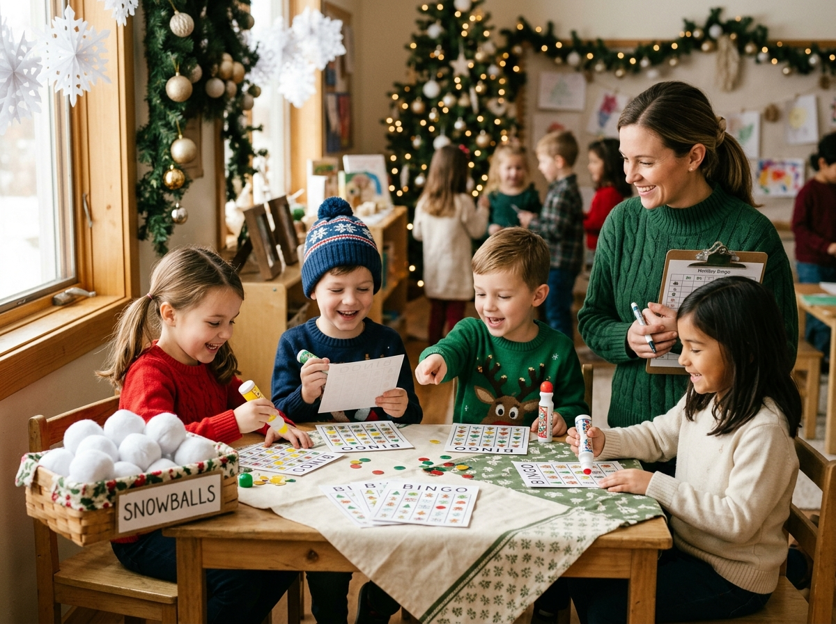 Children playing a holiday bingo and paper snowball toss game station in class