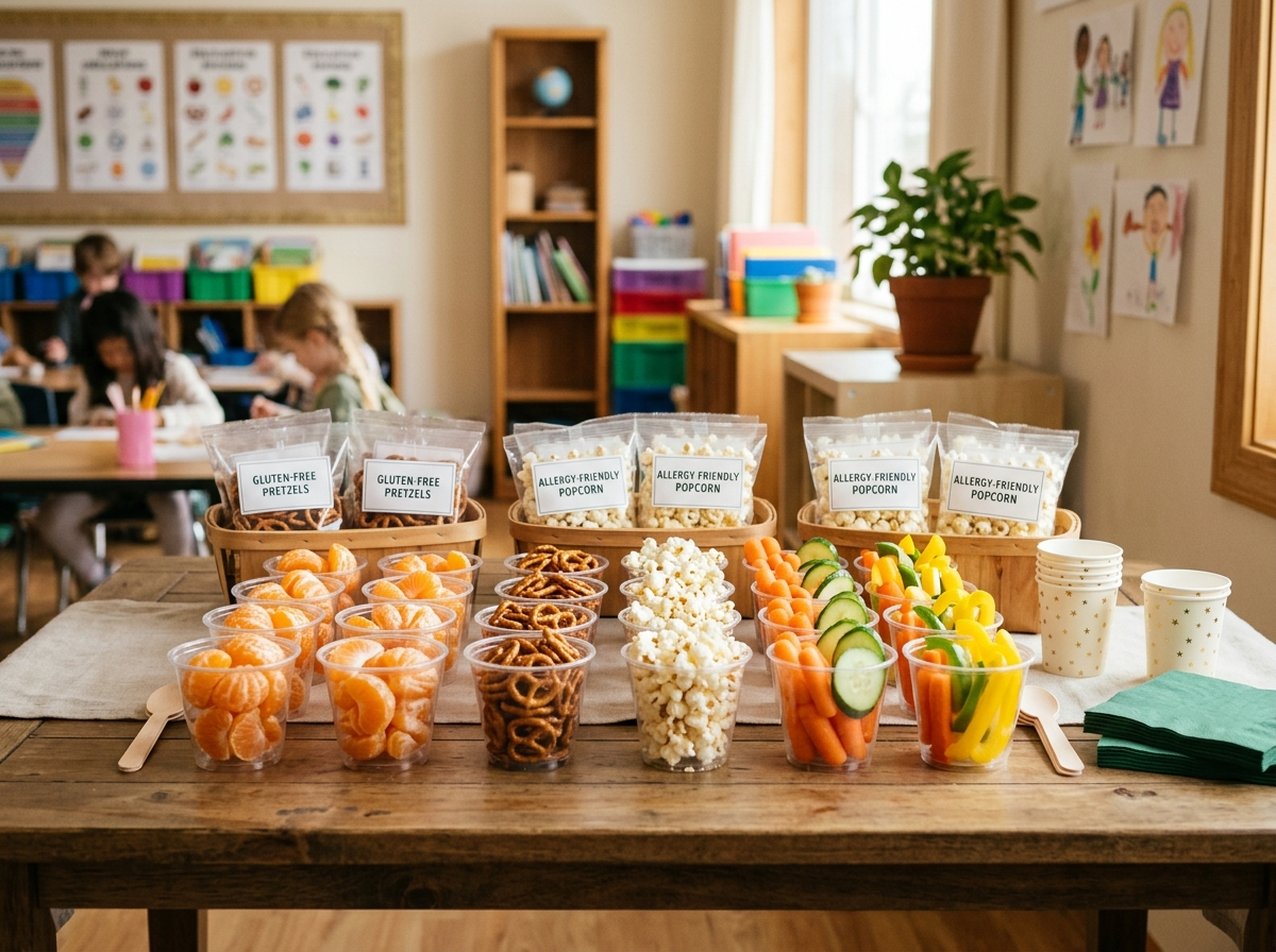 Allergy-safe classroom party snacks with clementines, pretzels, popcorn and veggie cups in labeled portions
