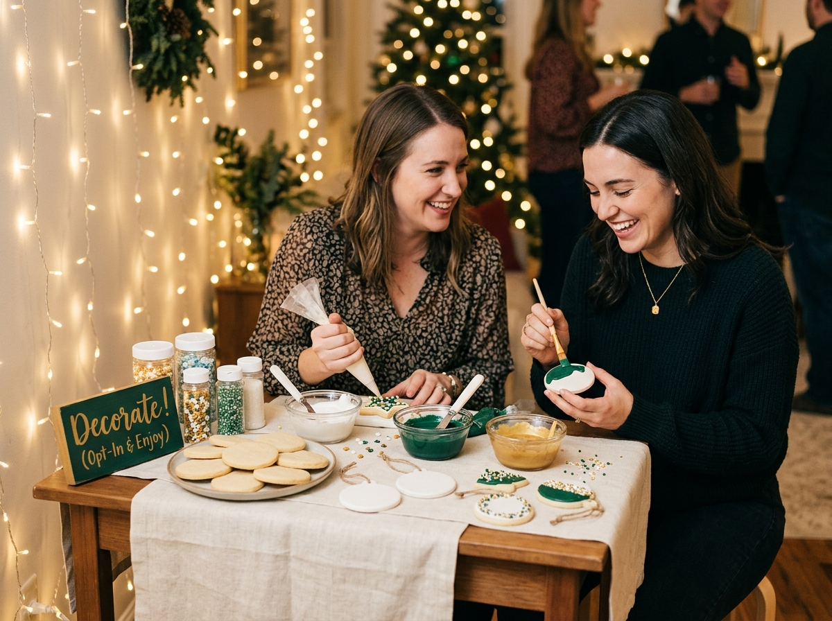 A low-pressure opt-in holiday activity — a cookie and ornament decorating station guests drift to