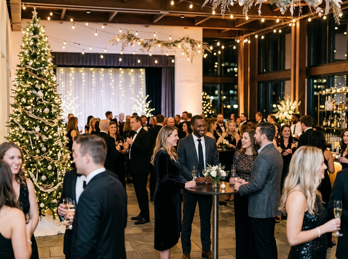 A corporate winter gala holiday party — black-tie-optional, white and silver styling, coworkers in cocktail attire