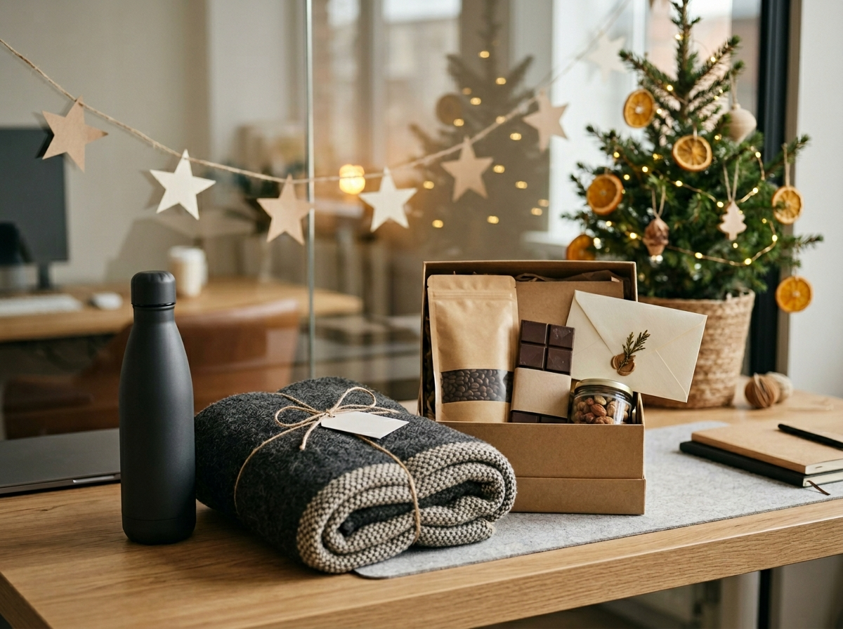 Tasteful corporate holiday gifts on a desk — a quality water bottle, a cozy blanket, a gift card and a curated snack box