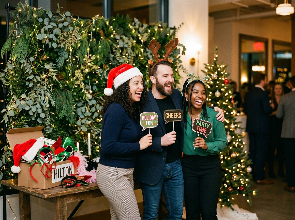 A corporate holiday party photo booth with festive props — coworkers laughing in front of a backdrop with warm fairy lights