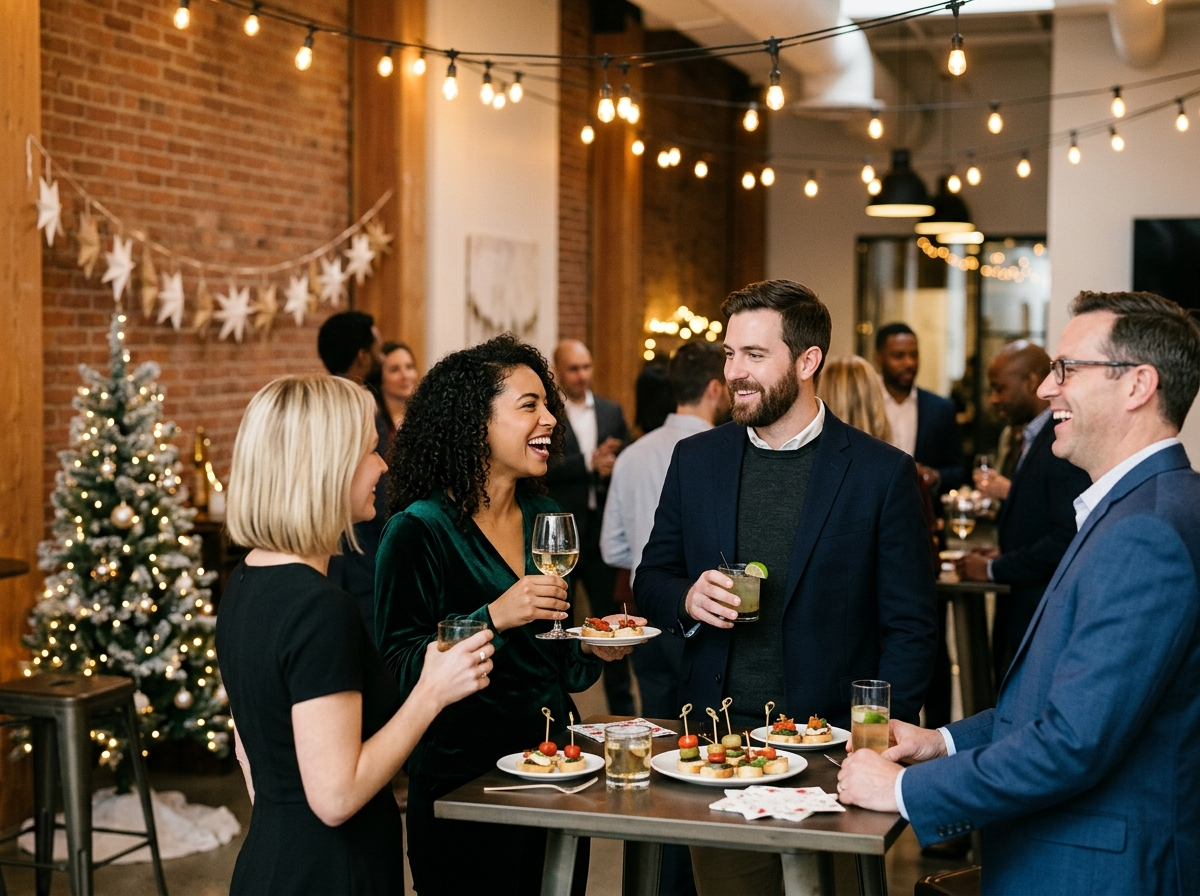 A modern corporate holiday party at a stylish venue — coworkers mingling with drinks under string lights
