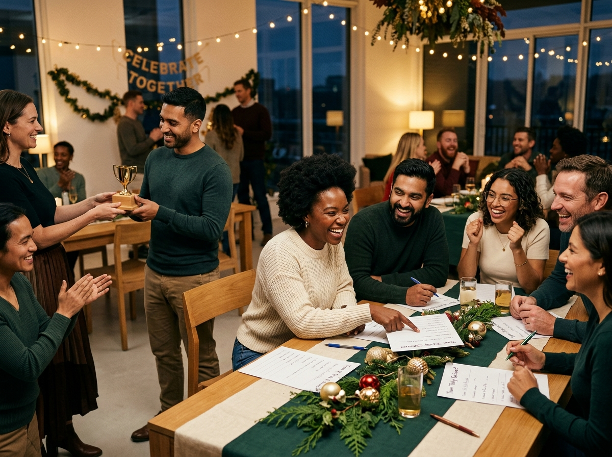 An inclusive office holiday party with coworkers playing team trivia and a friendly awards moment