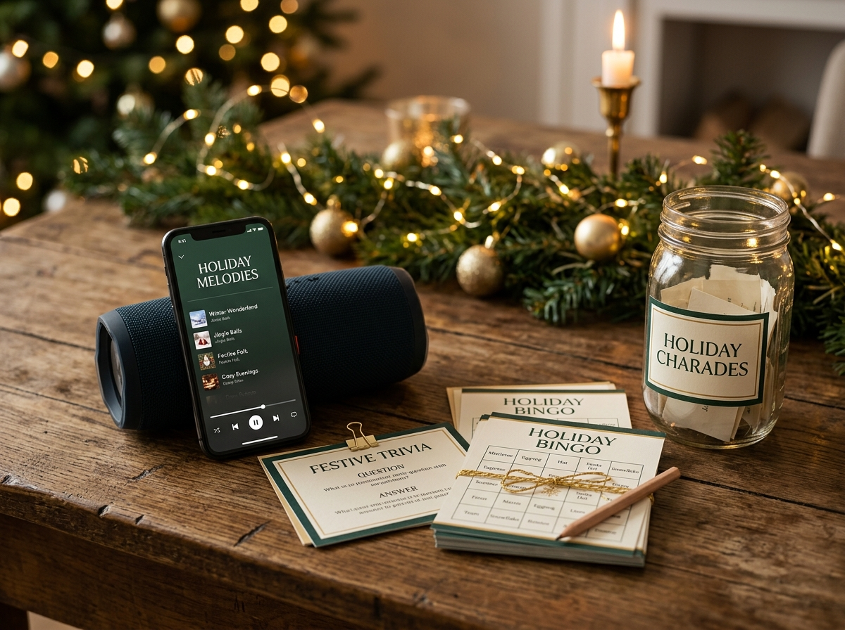 DIY holiday party entertainment — a phone playlist on a Bluetooth speaker with printable trivia and bingo cards