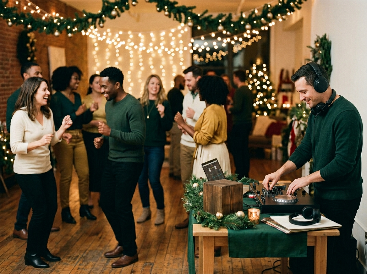 A DJ playing at a holiday party with a small dance floor and warm lights, for a home or company event