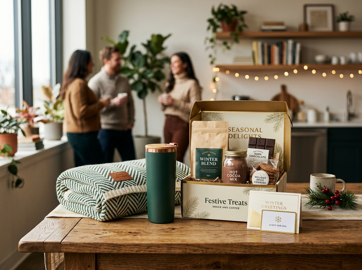 Neutral office holiday gifts for employees — a tumbler, a cozy blanket, a curated snack box and a gift card