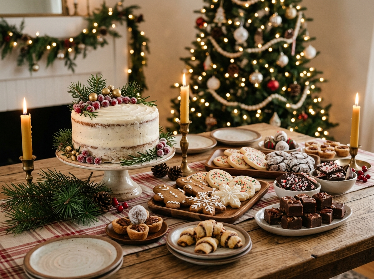 A family holiday party dessert table at home with cookies, holiday bark, mini treats and a centerpiece cake