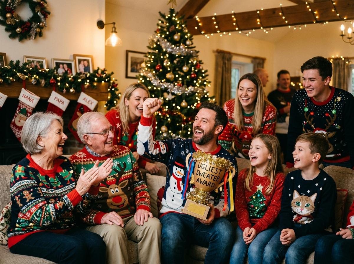 An ugly sweater family holiday party with kids and adults in tacky festive sweaters laughing, with a joke trophy