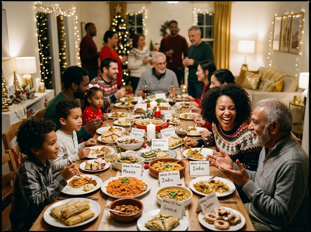 A global holidays family celebration with families of different backgrounds sharing a diverse potluck and traditions
