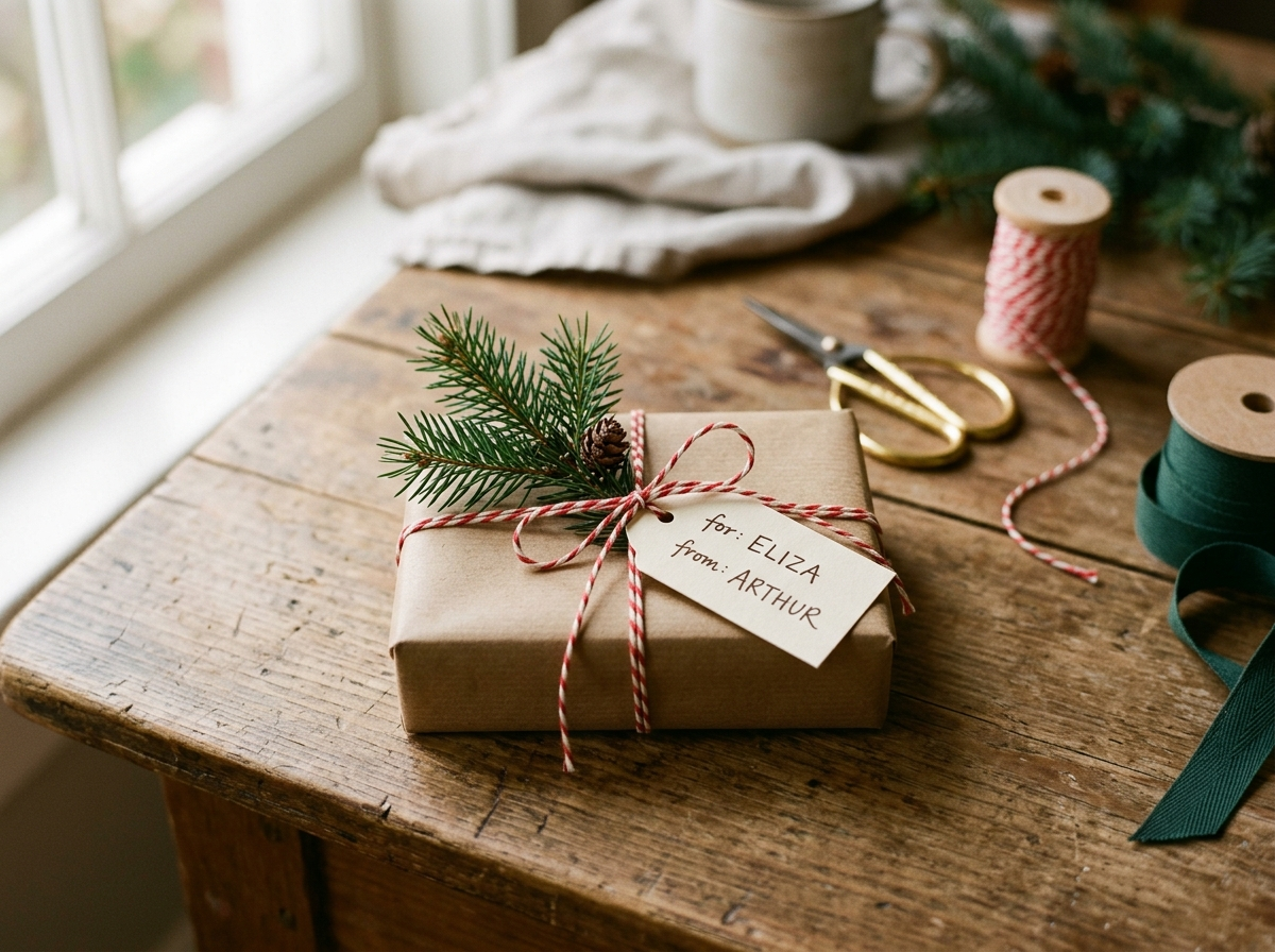 Simple elegant gift wrapping with brown kraft paper, baker's twine, greenery and a handwritten tag