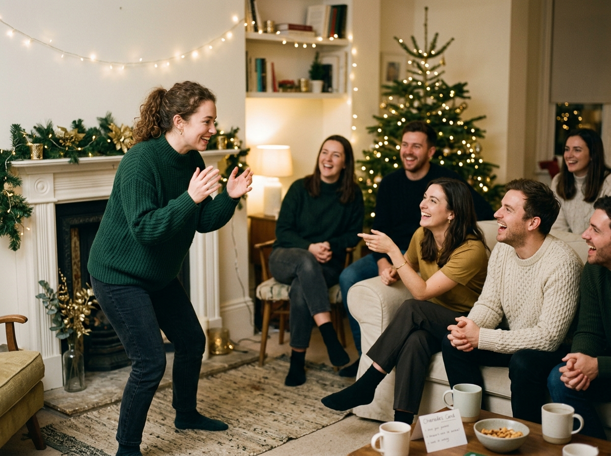 A group playing holiday charades, one person acting out a festive prompt while others guess and laugh