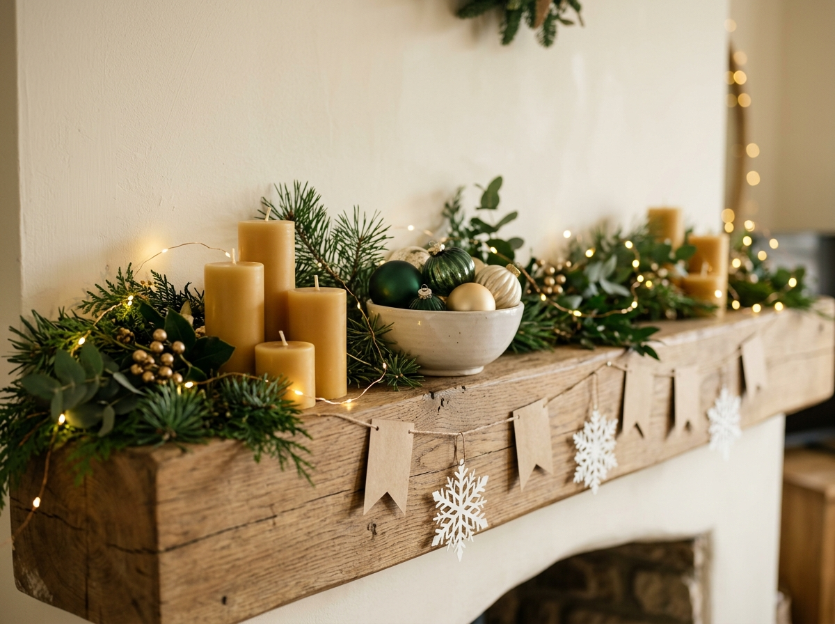 Inexpensive holiday decorations using warm string lights, grouped candles and greenery