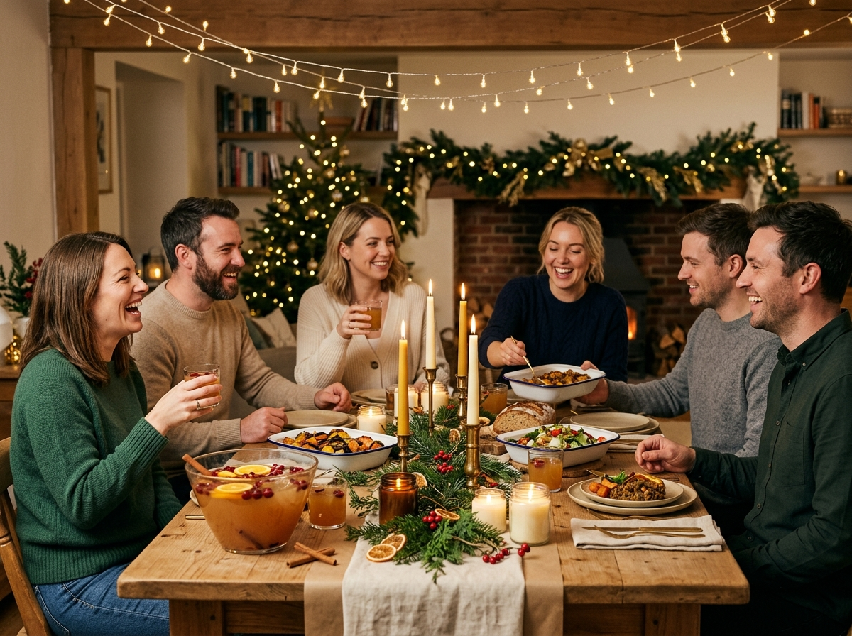 Warm budget holiday party with string lights, candles and a shared potluck table