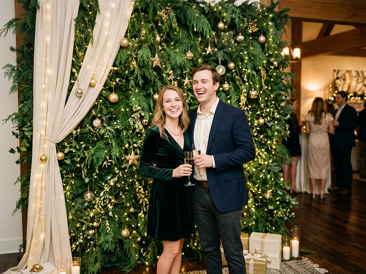 A photo-worthy holiday party backdrop of greenery and fairy lights, the kind used at home and company parties