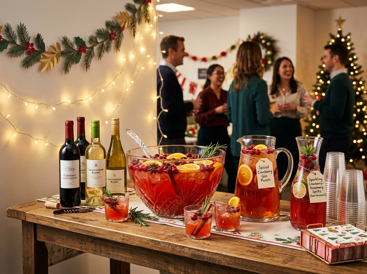 An office holiday party drinks station with a punch bowl, a signature cocktail and a non-alcoholic option on a buffet table