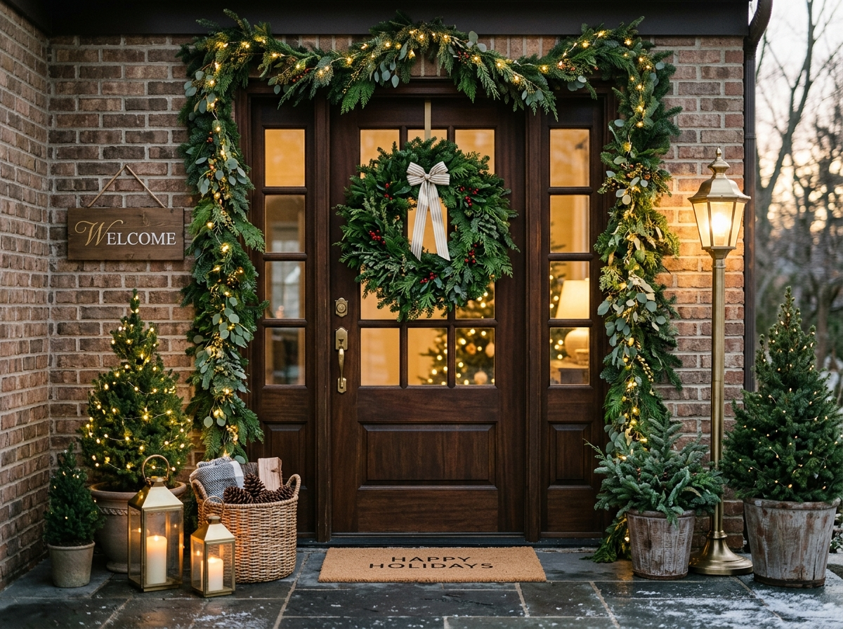 A decorated holiday party entrance with a wreath, garland and warm lights, for a home or venue/office