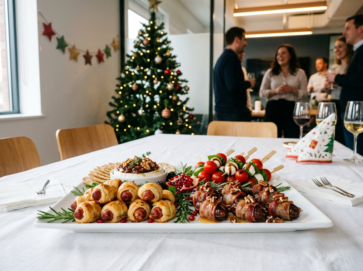 A platter of holiday party finger foods at an office party — pigs in blankets, baked brie, skewers and bacon-wrapped dates