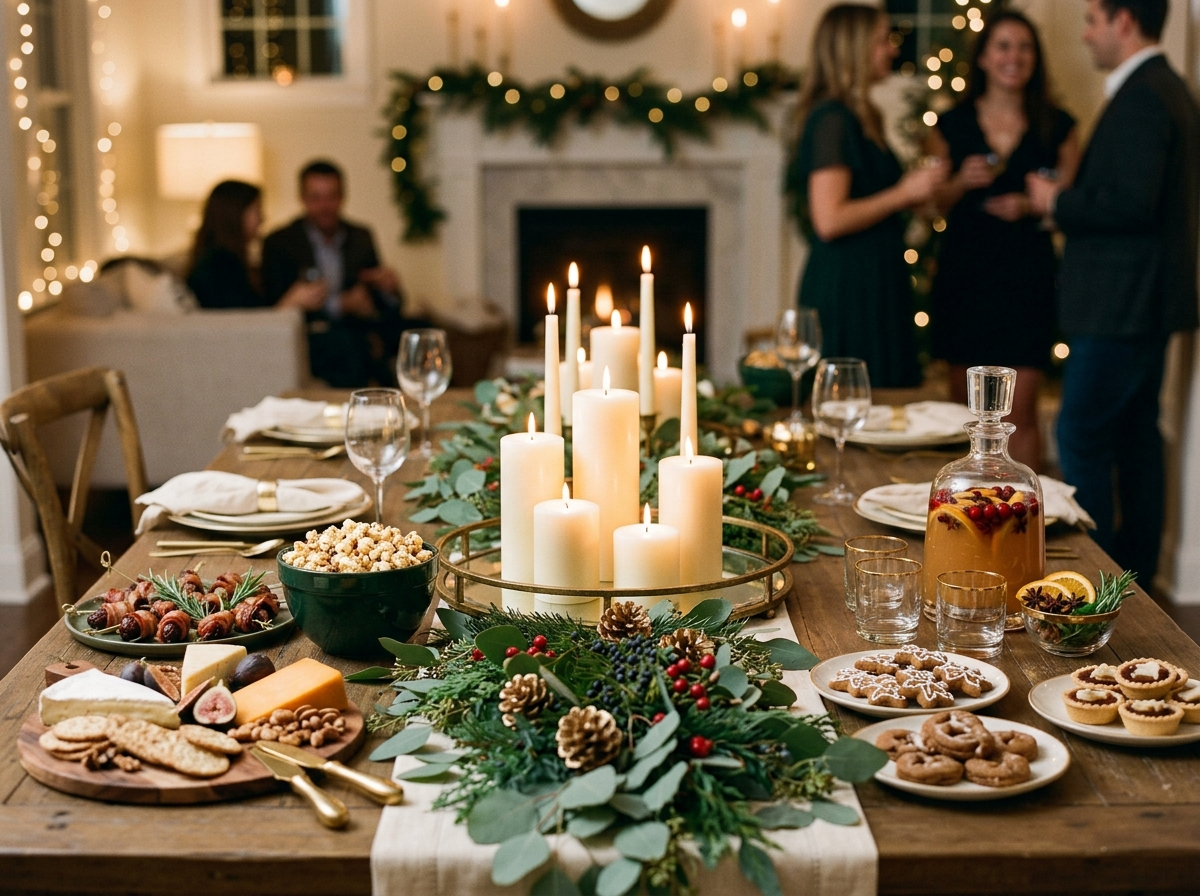 A styled holiday food and drink table with a low candle centerpiece and greenery, for a home or company party