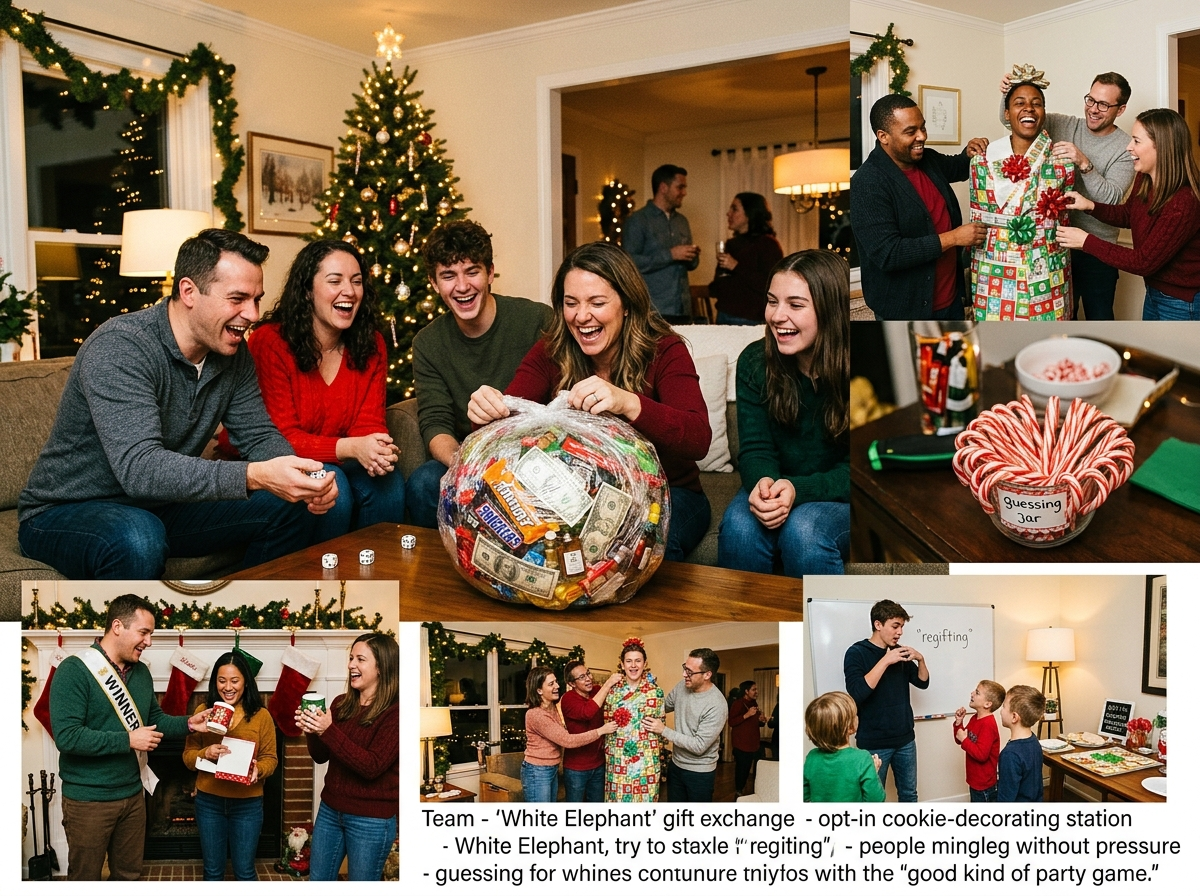 A relaxed group playing a holiday party game together with an easy way in — home or office party
