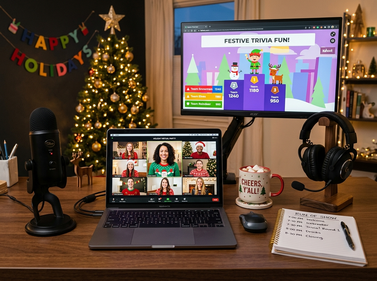 A virtual holiday party host's tech setup — laptop, headphones, a run-of-show notebook and a trivia tool at a festive desk