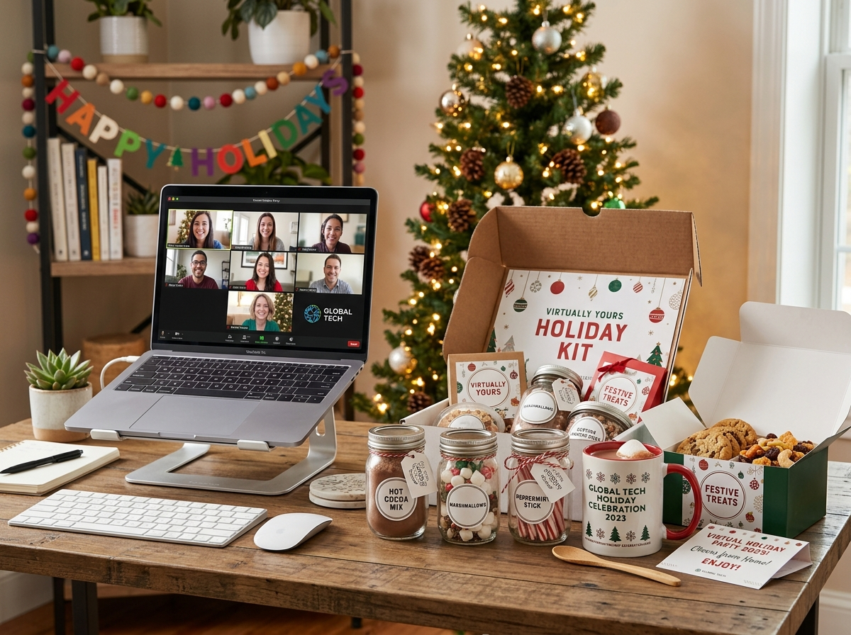 A virtual holiday party kit on a home-office desk — a hot cocoa or cocktail set, treats and a card next to a laptop