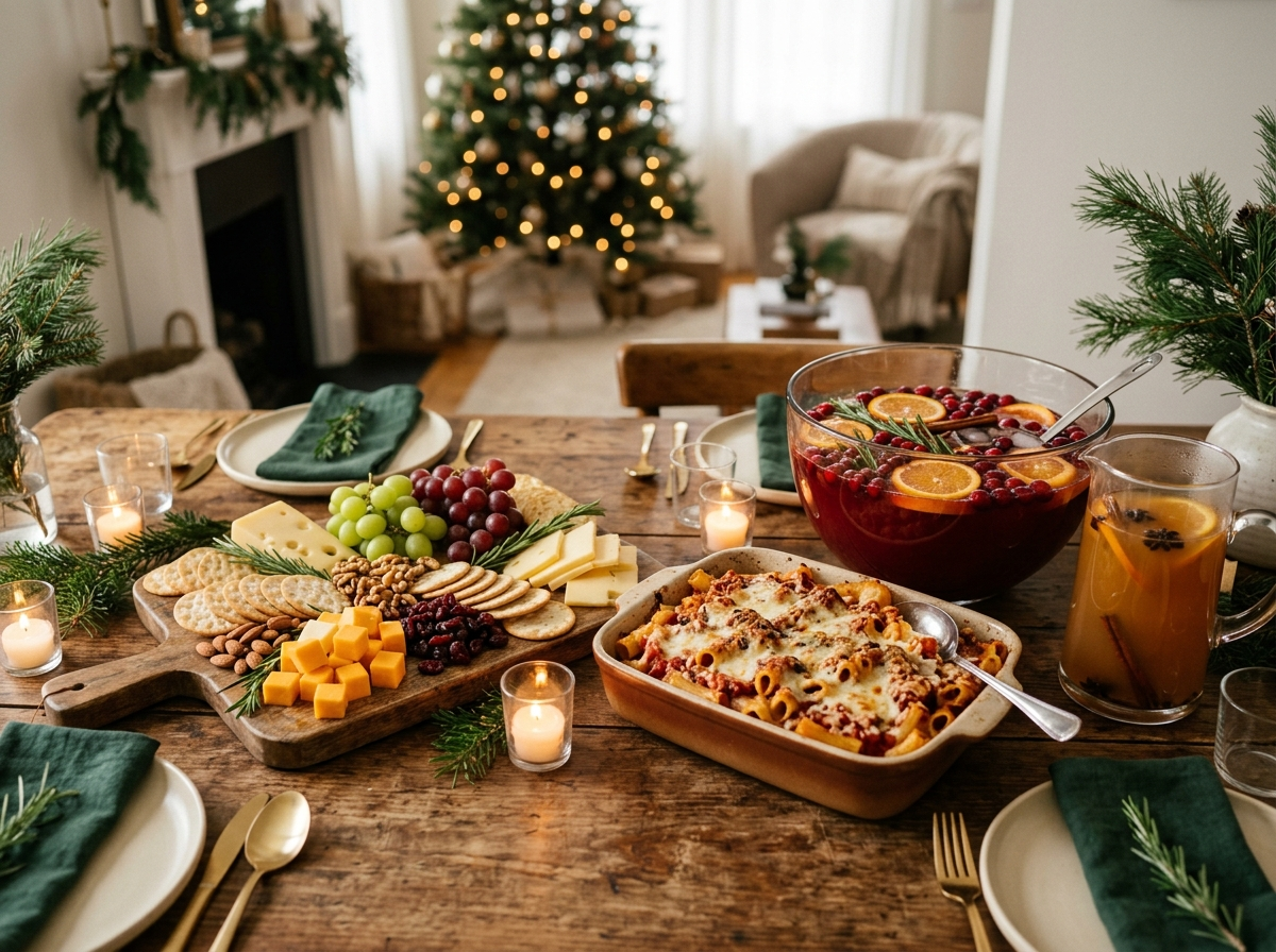 Budget holiday potluck spread with a grazing board, big dishes and a bowl of punch