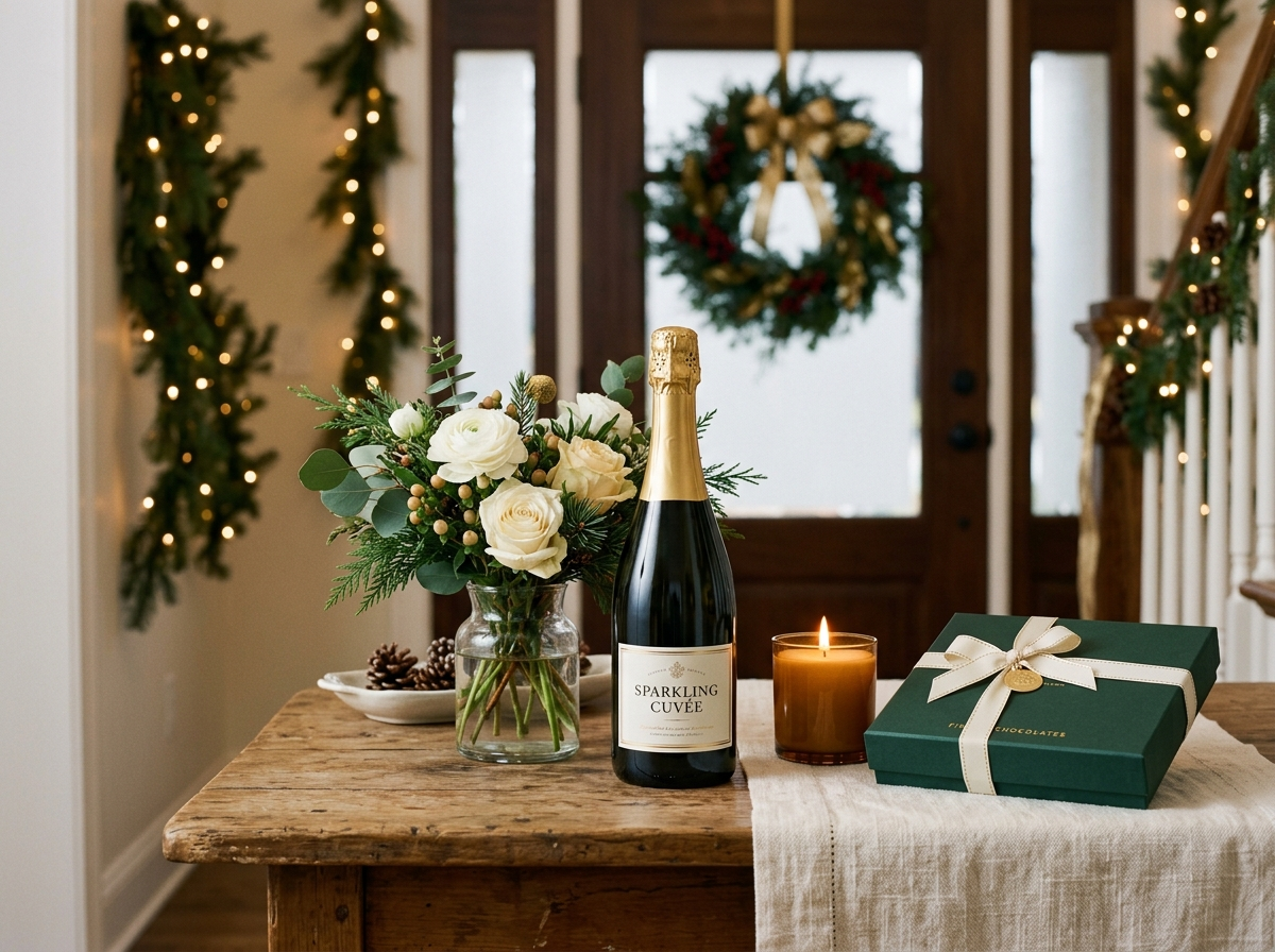 A guest's hostess gift of wine, flowers in a vase and a candle for a holiday party