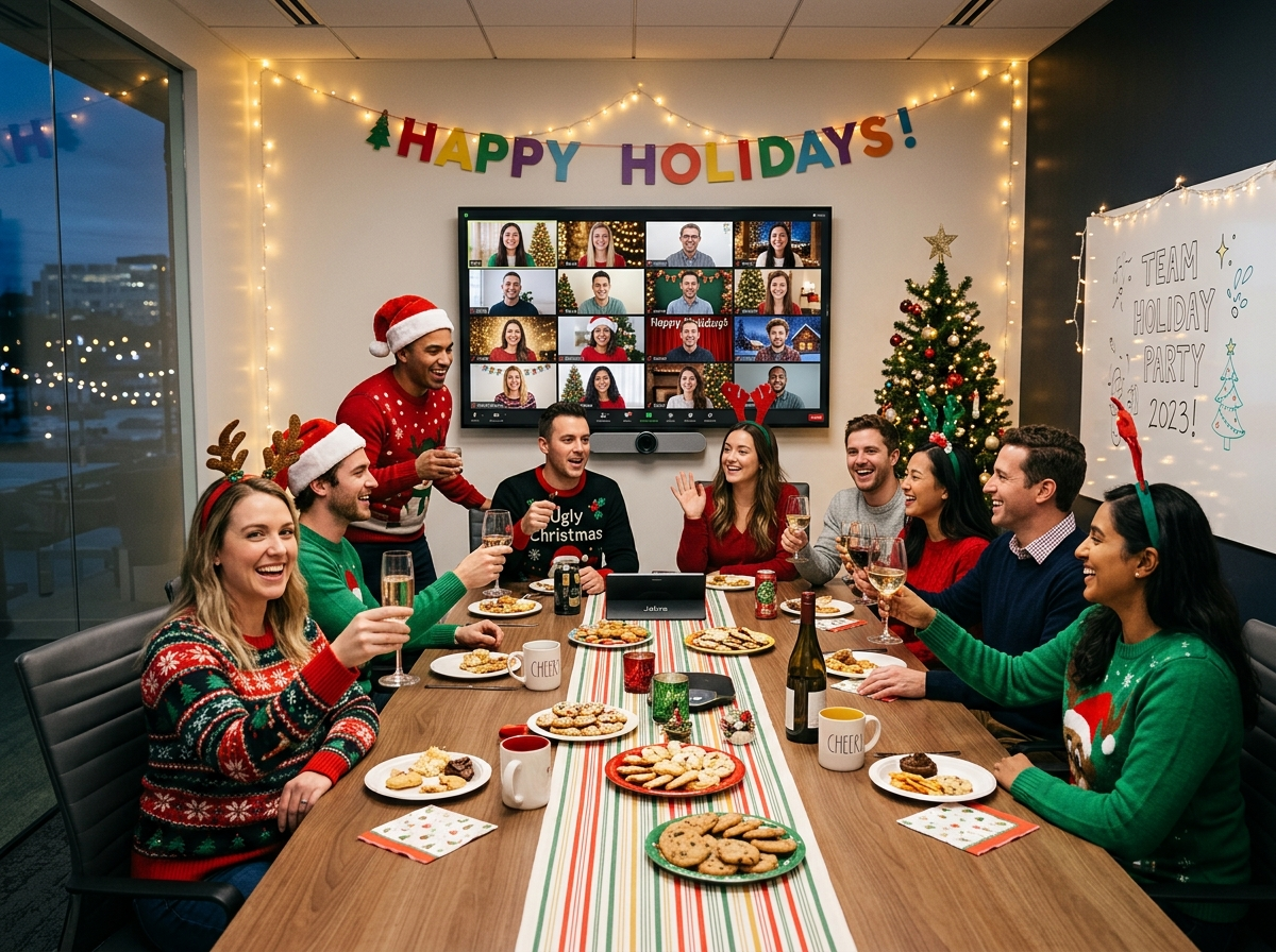 A hybrid holiday party in a modern meeting room — coworkers gathered around a laptop with remote teammates on a screen
