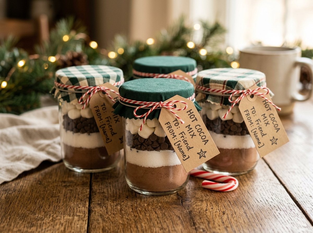 DIY layered hot cocoa mix jars with kraft tags as cheap holiday party favors
