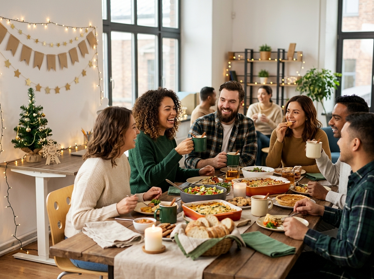 Cheap office holiday party with a shared potluck and simple desk decorations
