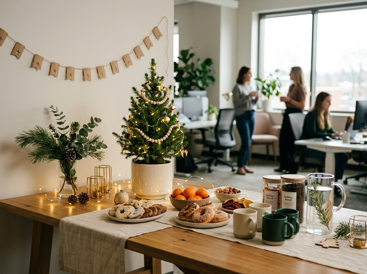 Tasteful office holiday decorations with warm lights, a decorated break table and a small desktop tree