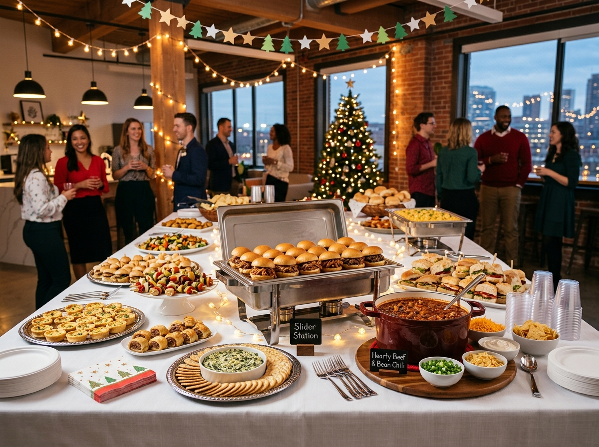 An office holiday party food buffet on a long conference table for a big team — catering platters, a slider station and shared dishes