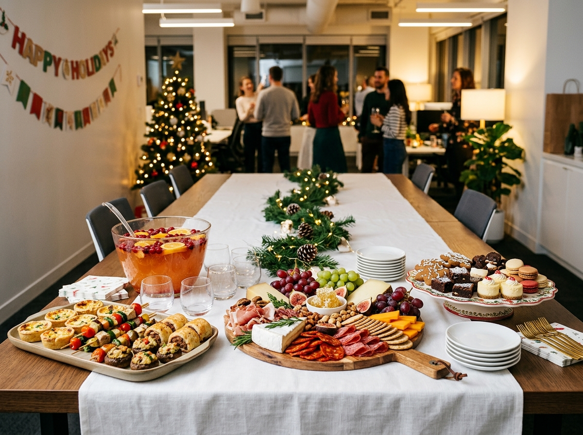 An office holiday party spread on a conference table — a grazing board, warm appetizers, a punch bowl and a small dessert tray