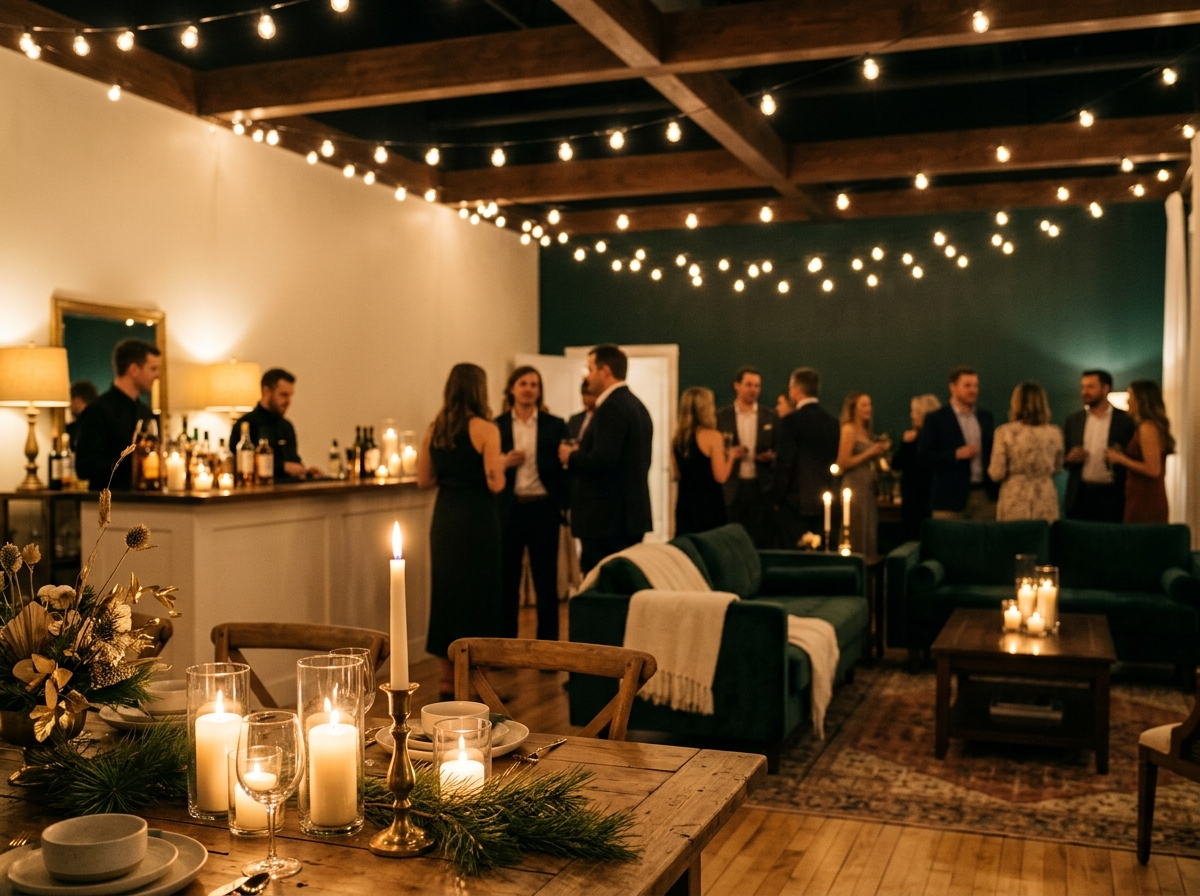 A party space transformed with warm string lights, candles and lamps, overheads off — home or venue