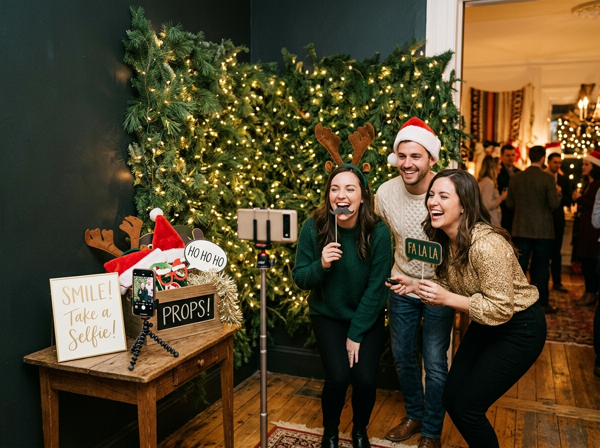 A holiday party photo booth corner with a backdrop, props and a phone on a tripod, for home or company parties
