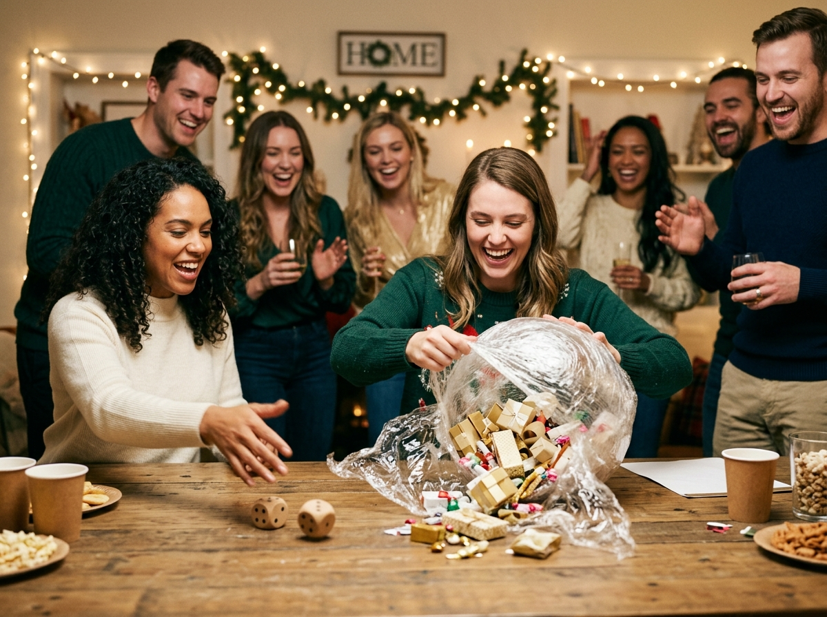 The saran-wrap ball holiday party game — one person unwrapping a plastic-wrap ball of prizes while another rolls dice