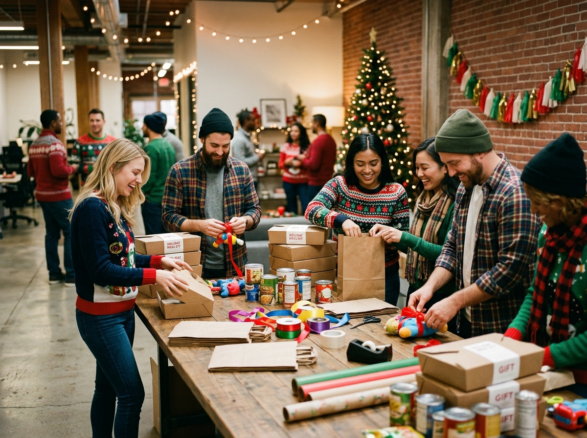 A corporate holiday team volunteering event — coworkers packing meal kits or toys together as a holiday celebration