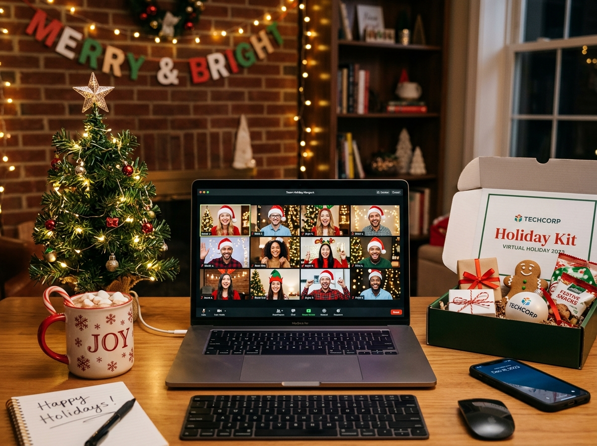 A virtual holiday party in progress — coworkers smiling on a video call grid with festive backgrounds and kits in hand