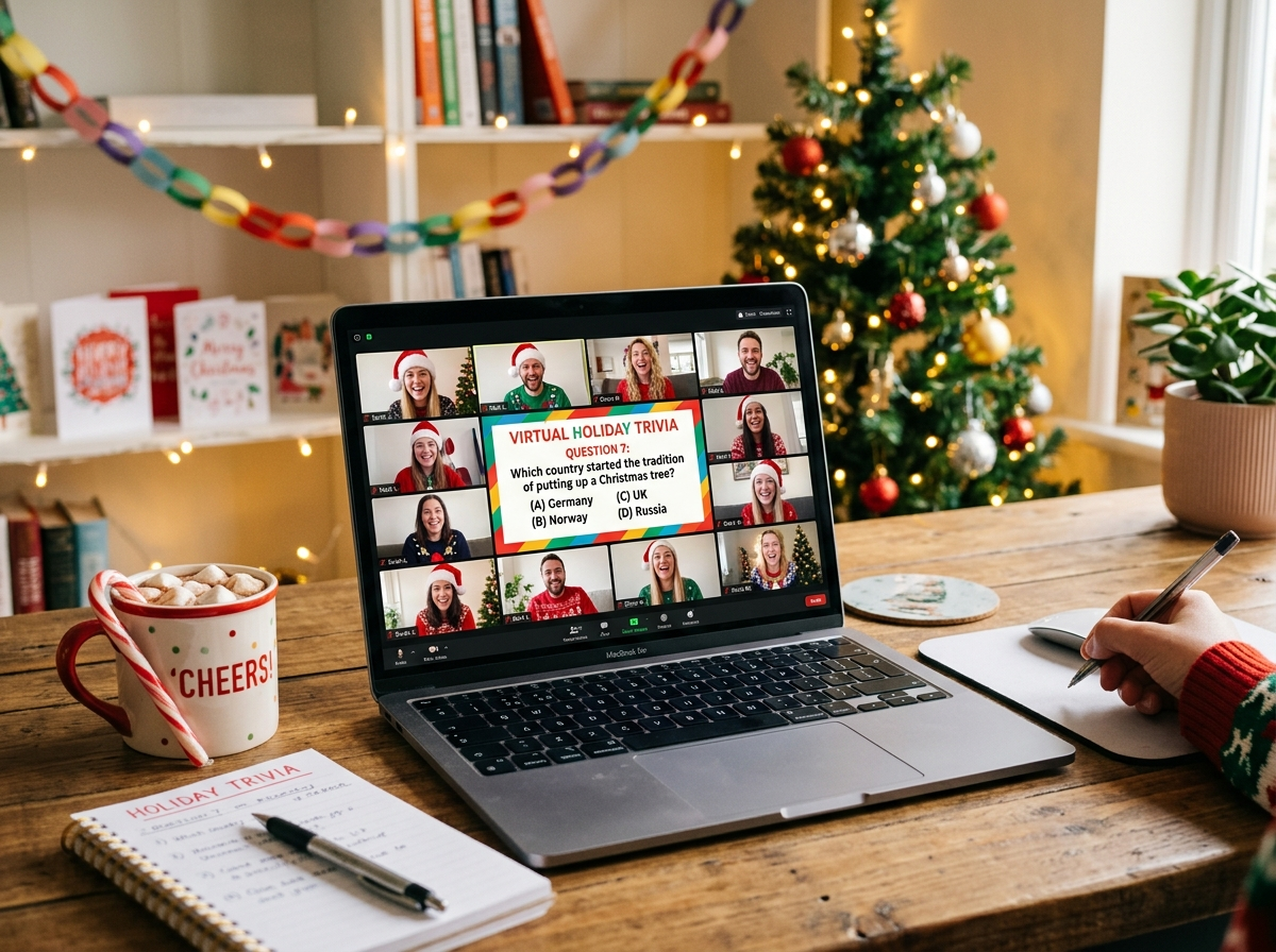 A virtual holiday party trivia game on a video call — coworkers playing on screen with the trivia tool visible