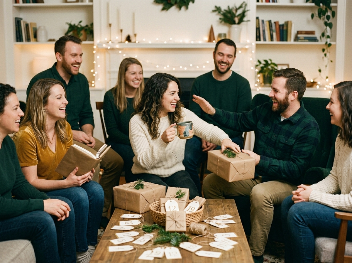 A white elephant gift exchange in progress, someone stealing an opened gift while the group laughs — home or office