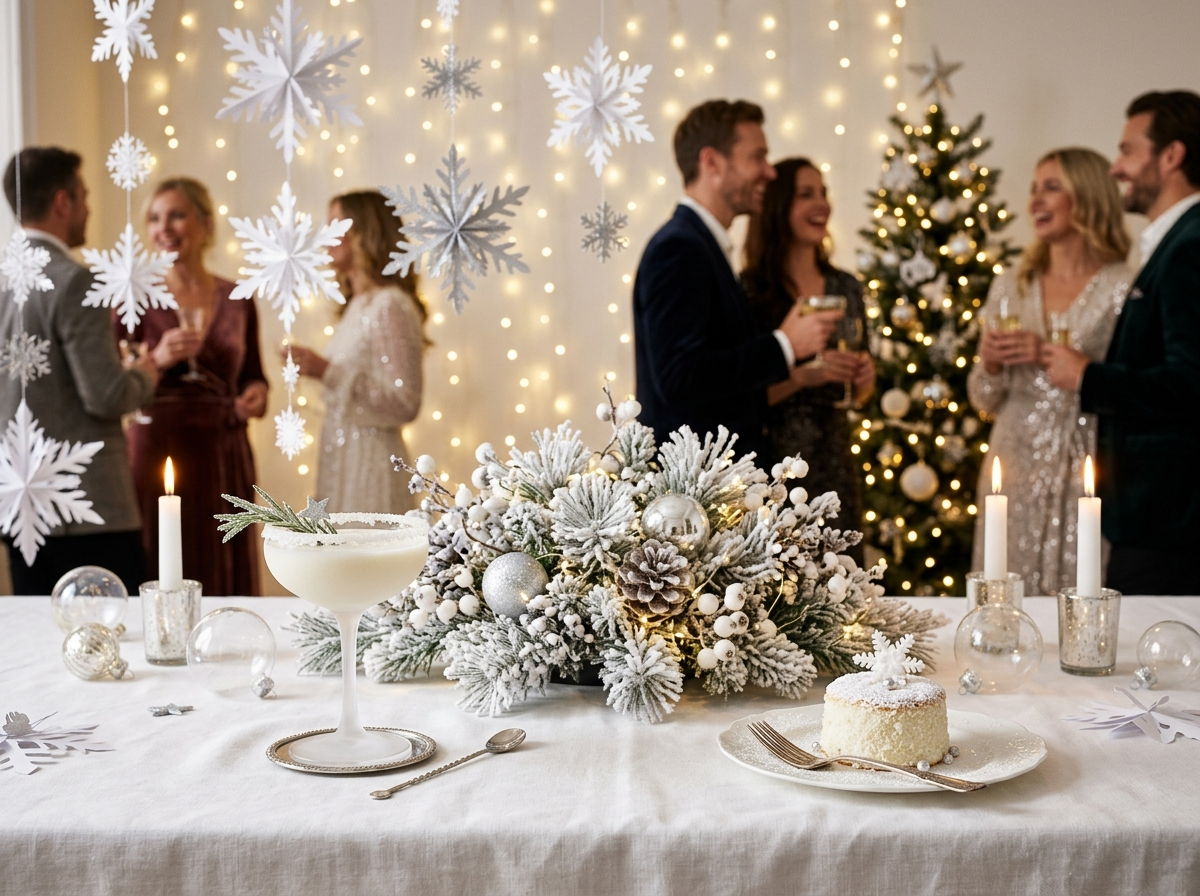 An elegant winter wonderland party theme in white, silver and icy blue with string lights and snowflakes