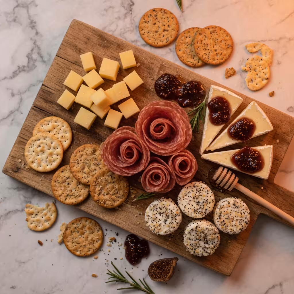 Overhead view of rustic wooden charcuterie board with aged cheddar cubes, rolled salami, goat cheese